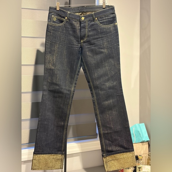Louis Vuitton LV Metallic Gold Cuff Jeans Sz42 Dark Wash Designer Denim Rare Y2K - Picture 4 of 8